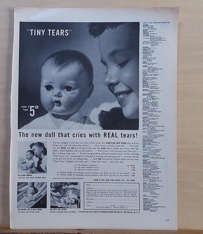 1950 magazine ad for Tiny Tears Doll - baby doll cries with real tears, wets too