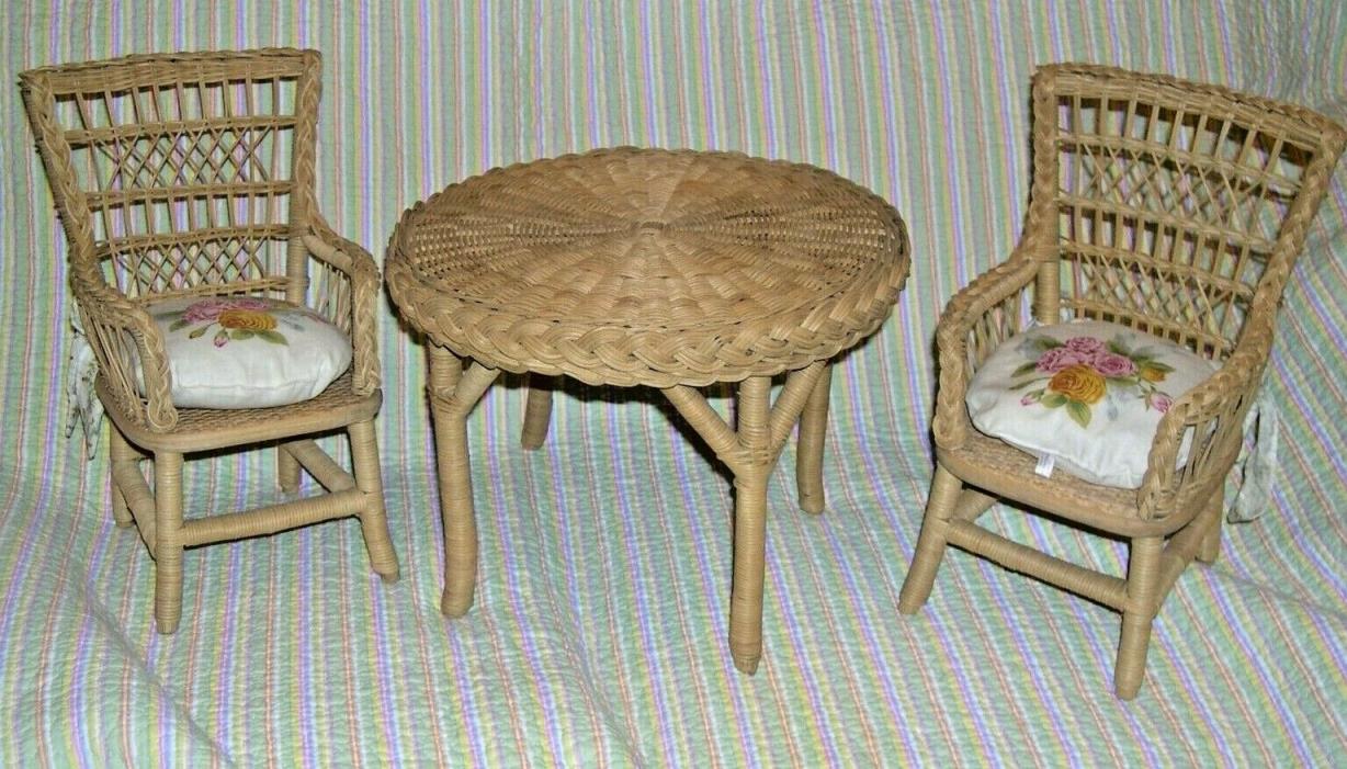 American Girl Pleasant Co Samantha Wicker Table and Chairs Set with cushions