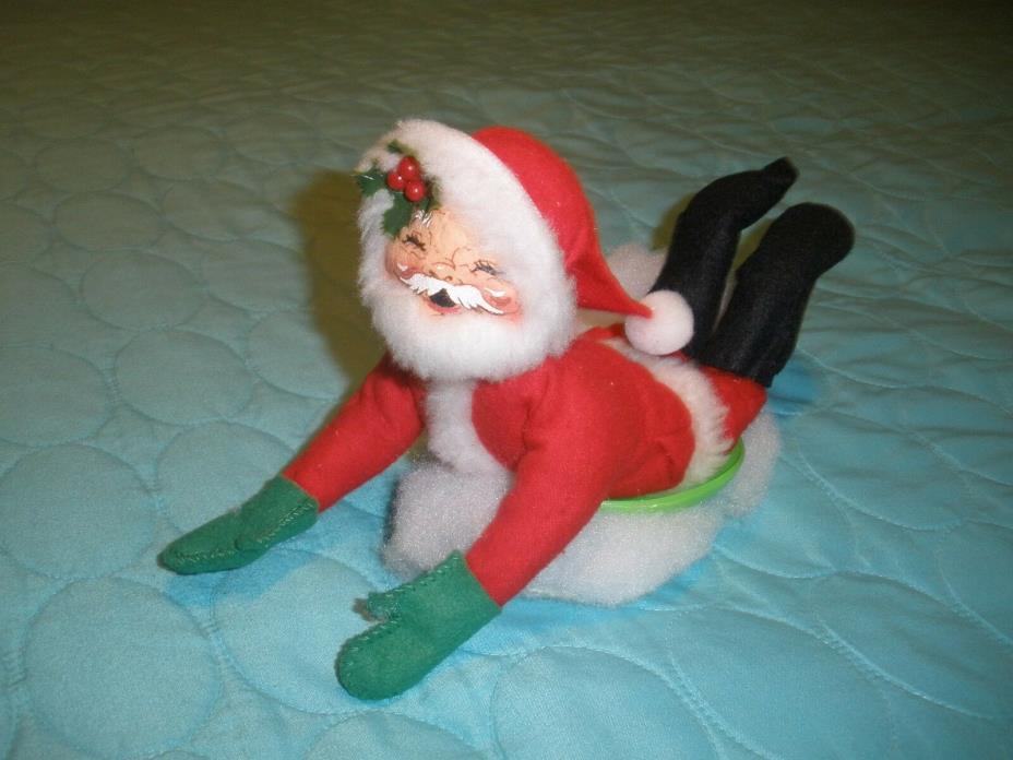 Annalee Doll Santa Claus Snow Sledding on Green Plastic Saucer Christmas 1998