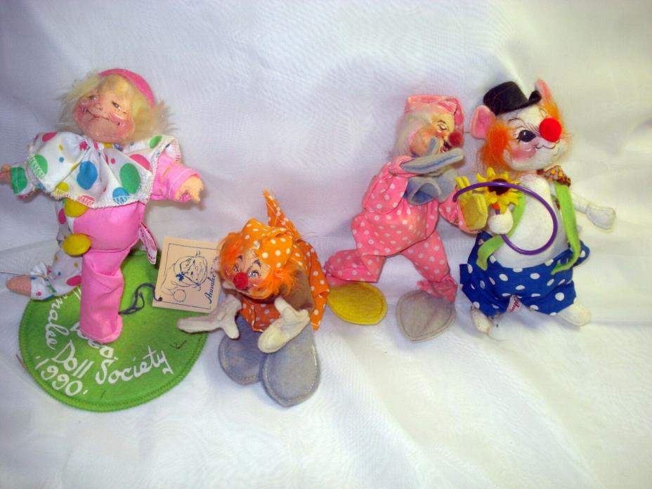 4 Annalee Clown Dolls 1971-1998 Mouse, Two with Oversize Feet, Balancing Clown