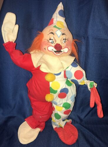 VINTAGE 1971 ANNALEE MOBILITEE POSABLE CLOWN DOLL 19” Balloons & Red Fabric