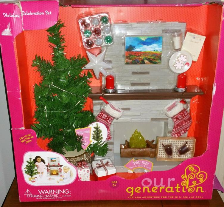 Our Generation Holiday Celebration Set Christmas Tree & Fireplace Lights & Sound