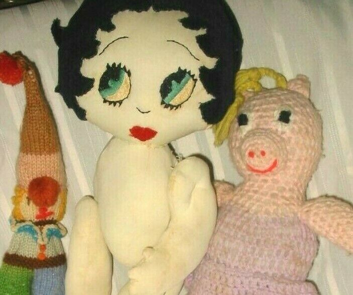 VINTAGE BETTY BOOP RAG DOLL CROCHET KNITTED PIG CLOWN LOT