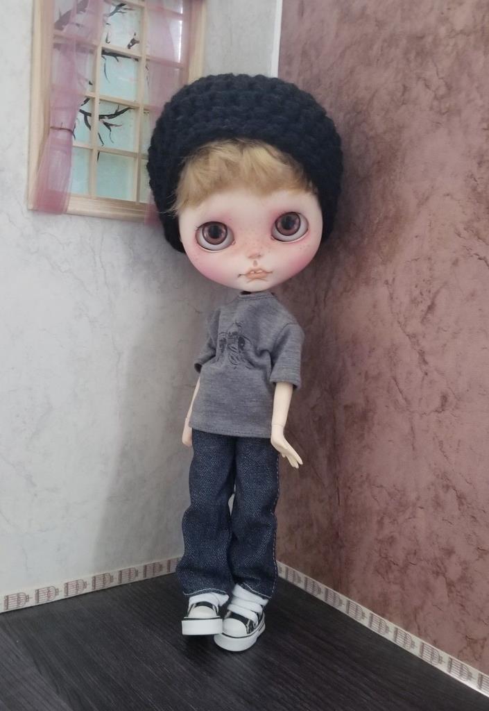 Custom OOAK Blythe Boy Doll Spooky Kids Workshop Faceplates w/ Outfit