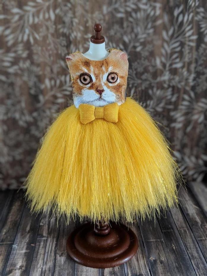 CUTE ! Cat Kitten Face w Yellow Gold Faux Fur Dress for 12