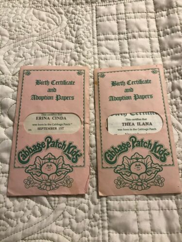 Lot Of 2 Cabbage Patch Kid Birth Certificates And Adoption Papers Girls