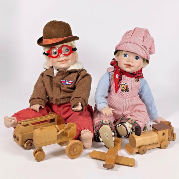 2 Porcelain Danbury Mint Boys Toys Dolls by Elk Hutchens Pilot Engineer 1990/91