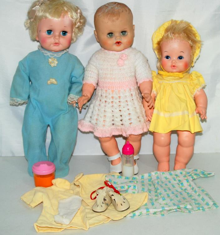 Vintage Eegee Baby Dolls Lot 3 Extra Clothes Dress Shoes Bottles Flannel Crochet