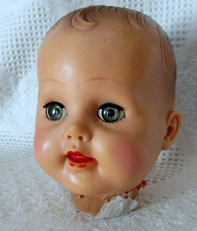 Vintage Eegee Rubber Doll Head Only - Molded Hair - Open/Close Eyes - Wood Base