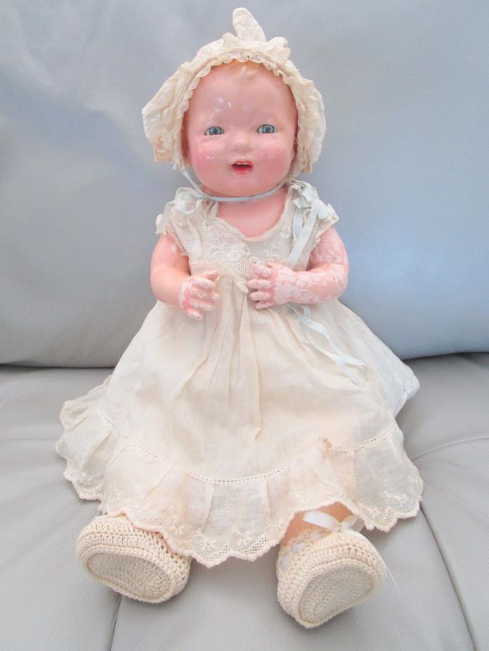 Effanbee Composition Baby Doll BUBBLES Oringal Marked Dress Bonnet Tin Sleep eye