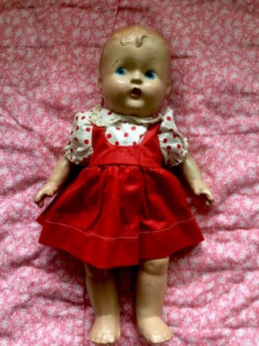 VINTAGE UNMARKED 1930'S COMPOSITION PATSY? DOLL WITH RED DRESS