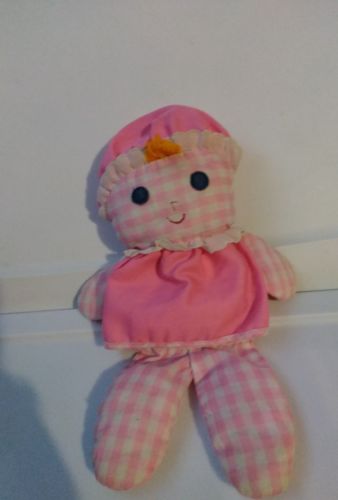 Vintage Fisher Price 420 Lolly Dolly Girl Rag Doll Pink Gingham Rattle D10STL