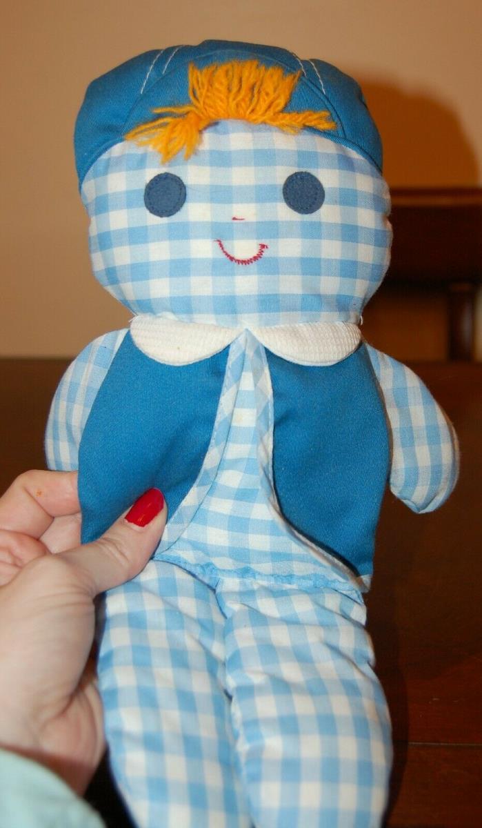 Vintage Fisher Price Cholly doll with rattle, blue gingham