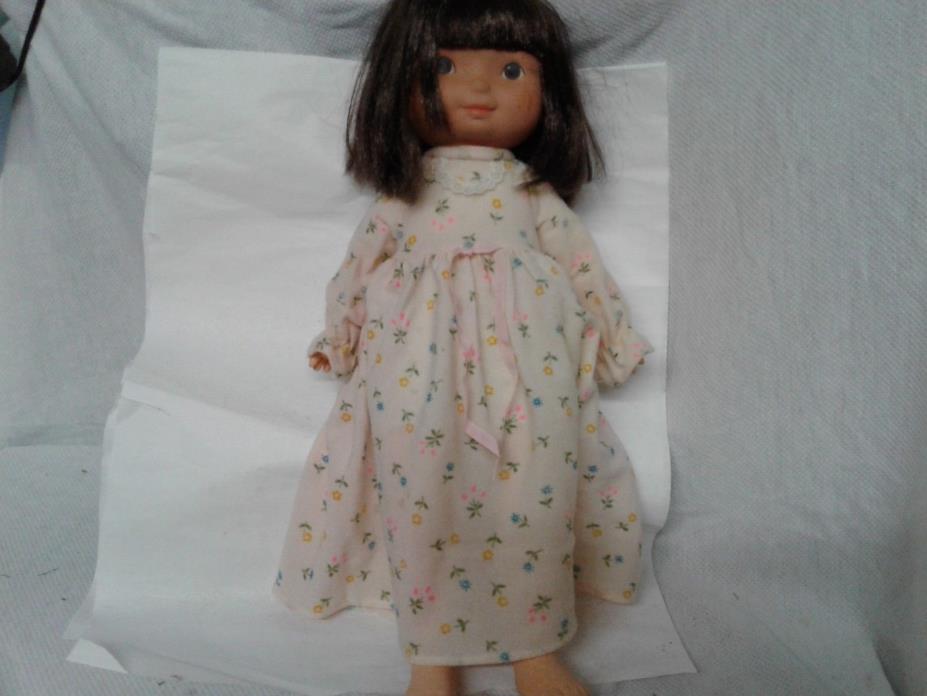 1978 Fisher Price Toys doll plastic head, hands, feet nightgown brown eyes hair