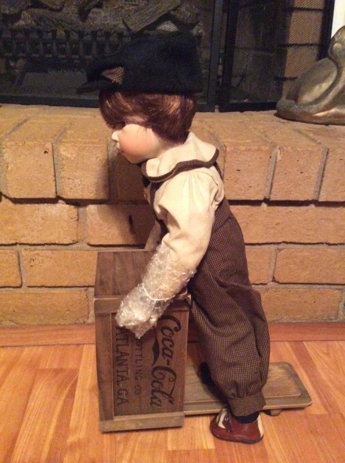 Franklin Mint Heirloom Coca Cola Danny Porcelain Doll w/Coke Crate Scooter