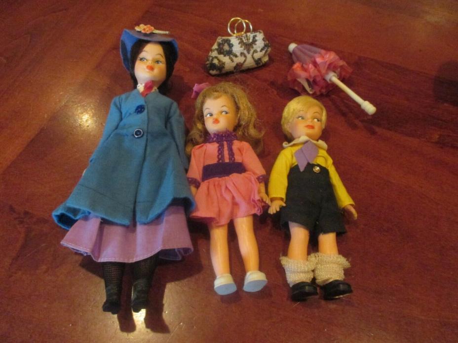 Vintage Mary Poppins Horsman 1960's Doll W/Children, Satchel & Parasol
