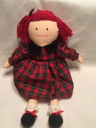 Madeline 18” Cloth Rag Doll by Eden 1996 Holiday Plaid Dress Red Hair, Bow