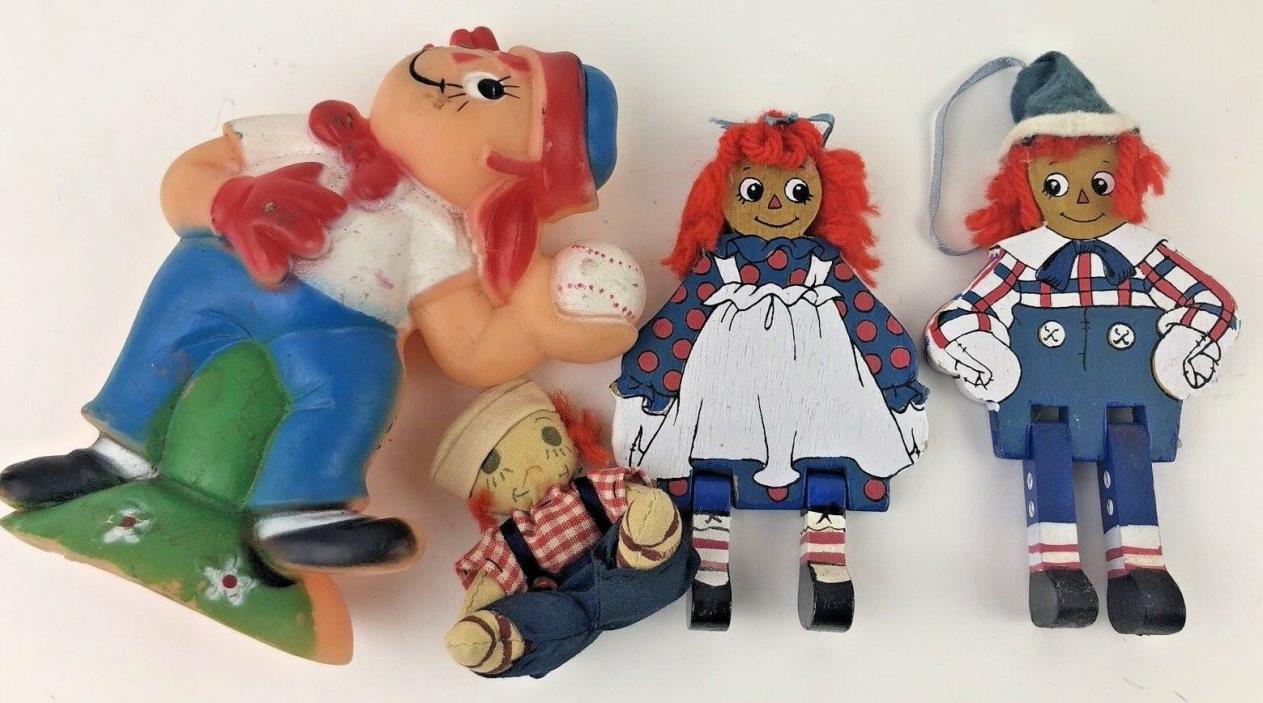 Lot Vintage Raggedy Andy Rubber Toy ,Wood Andy & Anne and a Minature Andy