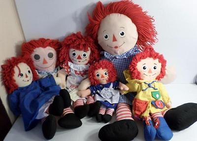 Lot of 6 RAGGEDY ANN plush stuffed dolls blue dresses red hair