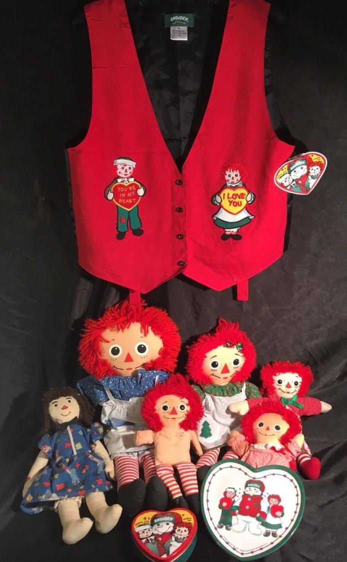 Raggedy Ann and Andy Mixed Lot - 8 Dolls, Vest, Ornament, Plates Christmas Decor