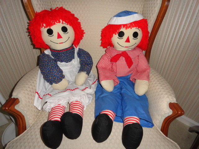 Vintage HANDMADE Pair of Raggedy Ann and Raggedy Andy Dolls w/Embroidered Faces