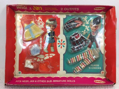 Remco Heidi & Jan 2 Outfits POCKETBOOK doll Plaid n check in package clothes