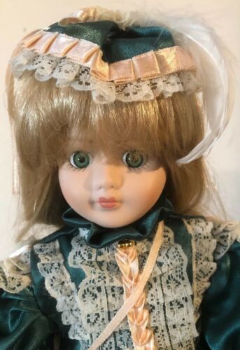 16” Porcelain Doll Green eyed Blonde Dressed in Emerald Green with stand