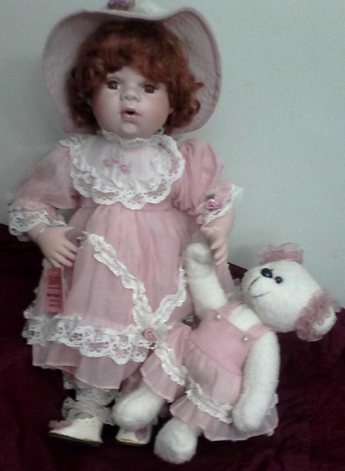 Show Stoppers MALLORY & Teddy Bear Porcelain Doll open mouth RED Hair Cloth Body