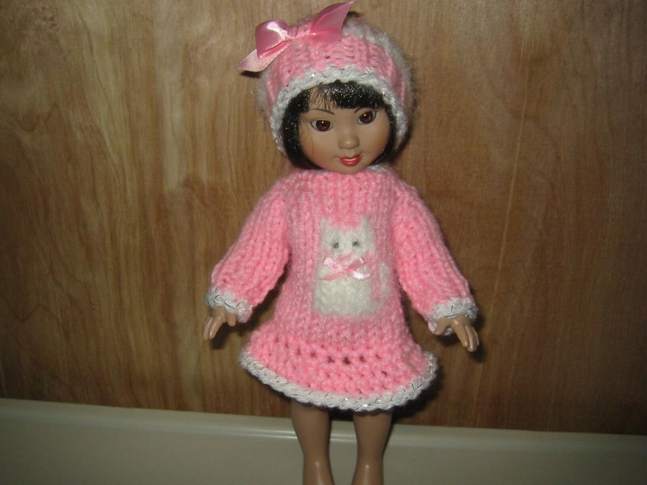 Hand Knit Clothes Kitty Cat Pink Sweater Dress, Hat fits 10