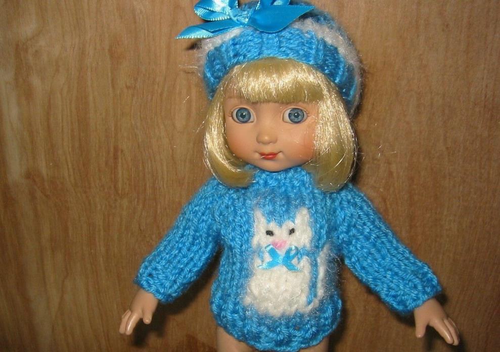 Hand Knitted Clothes Blue White Kitty Cat Sweater, Hat fits 10