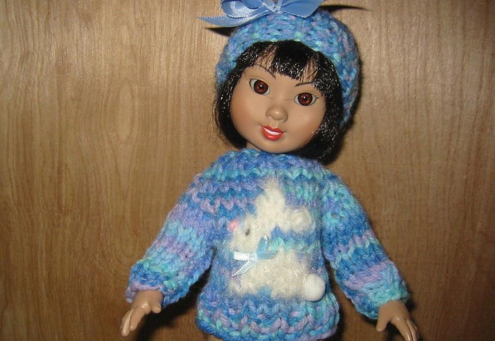 Hand Knitted Clothes Blue Variegated White Bunny Sweater fits 10