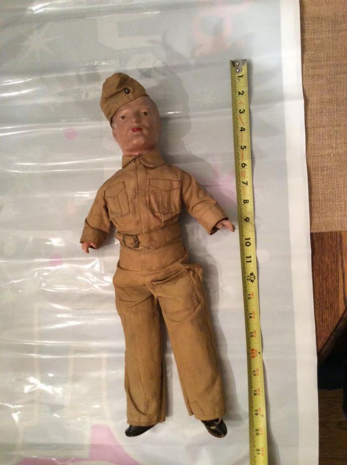 WWII Soldier Doll in Uniform Chalkware Head 20 inches Composition