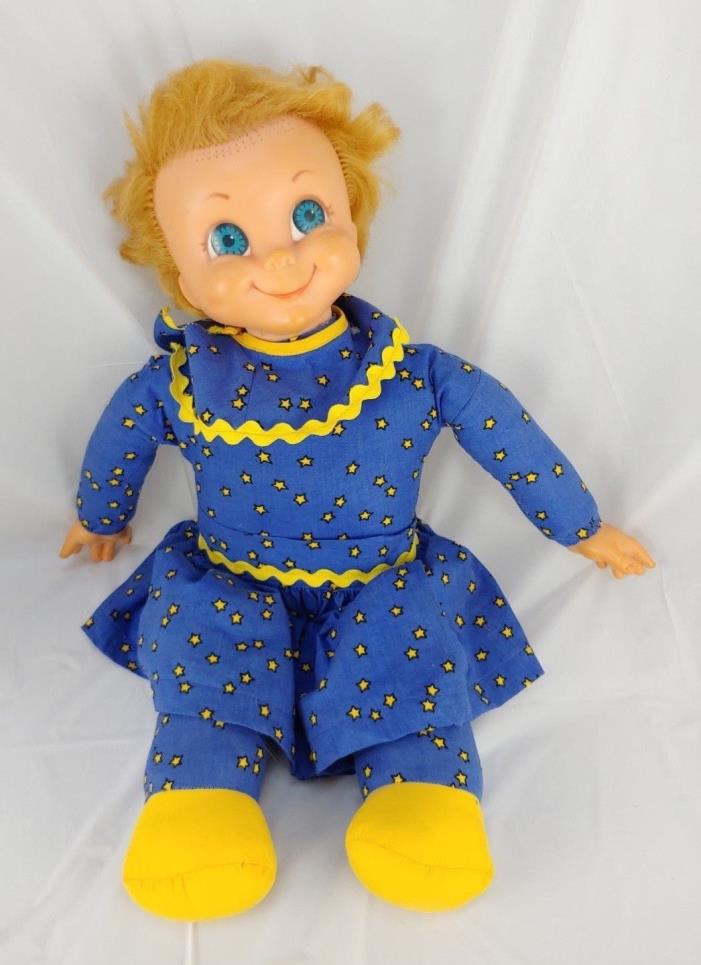 Creepy Smiling Doll Blue Outfit Stars Soft Body Large Eyes Vintage Style