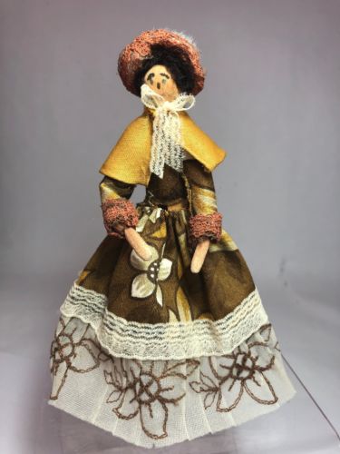Vintage Wood Peg Doll Victorian Embroidered Dress Miniature 5”