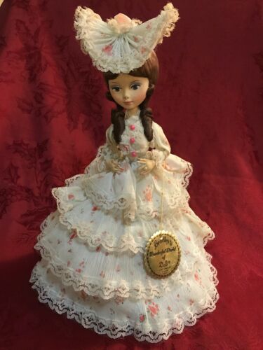 Vintage Bradley Doll Kate Brunette Lacey Floral Dress On Wood Stand 13”