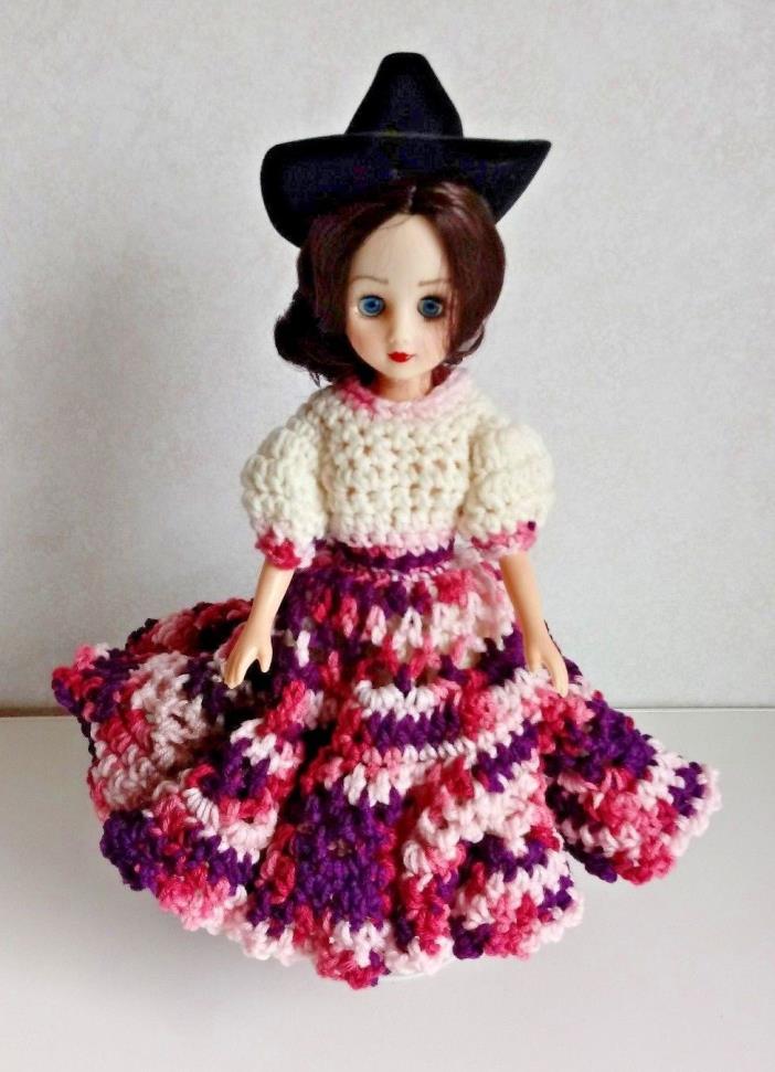 Vintage Doll with Hand Made Crocheted Dress cowgirl Hat purple multi-color 15