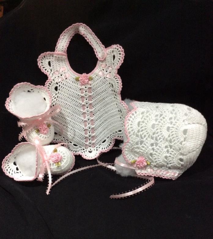 CROCHET REBORN BABY WHITE TRIMMED PINK BONNET, BIB, n BOOTIE SET