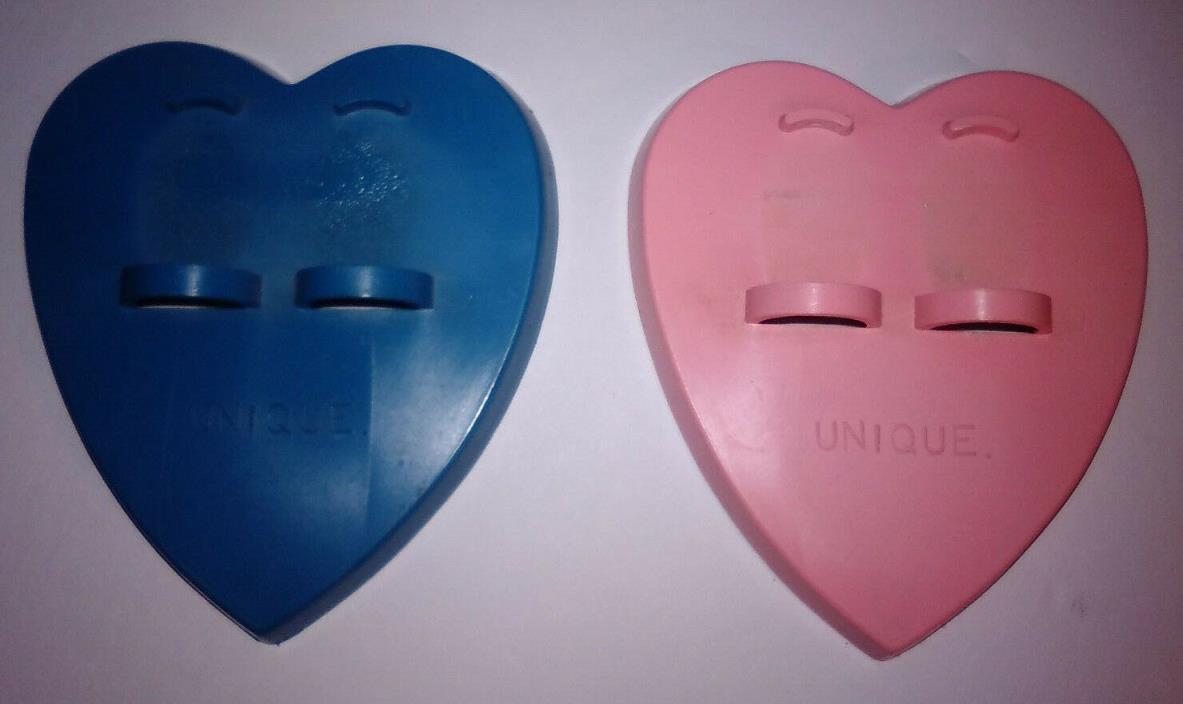 Two Vintage Unique Heart Shaped Hard Plastic Doll Stands Blue Pink Lot of 2
