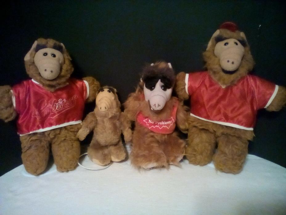 four 1988 alfs by aiien productions and 4 doll stands bundled