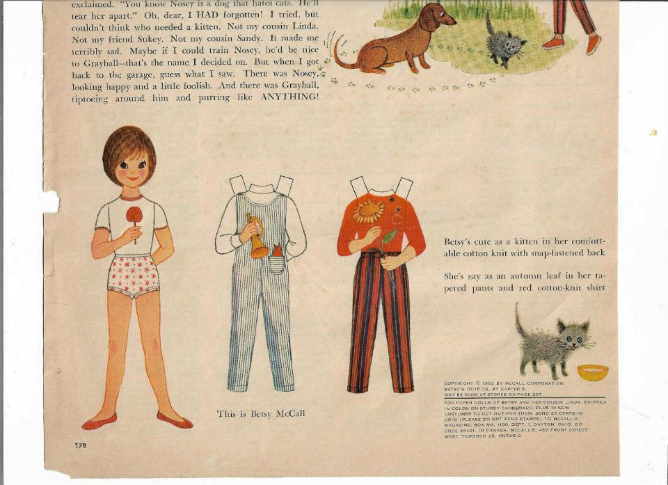 Vintage Betsy McCall Magazine. Paper Doll,Adopts A Kitten 1963