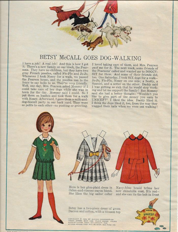 Vintage Betsy McCall Magazine. Paper Doll, Goes Dog Walking 1964