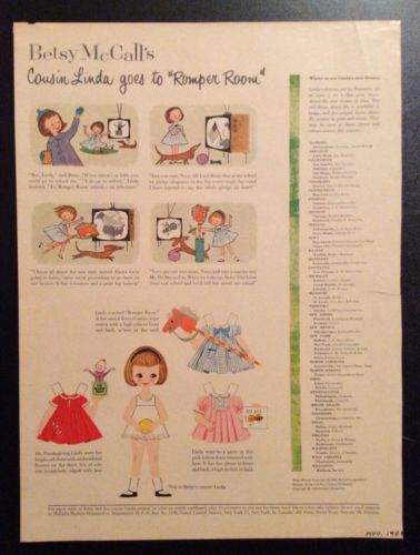 Vintage Betsy McCall Mag. Paper Dolls, Cousin Linda at Romper Room, Nov. 1958