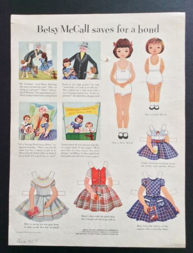 Vintage Betsy McCall Mag. Paper Dolls, Betsy McCall Saves for a Bond, Aug. 1953