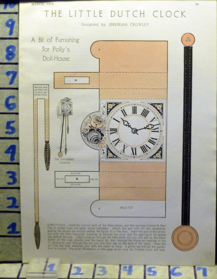 1913 DUTCH CLOCK POLLY DOLL HOUSE MANTLE PAPER CUTOUT VINTAGE ART AD  AN42