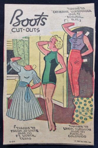 Boots Sunday Funny Paper Doll, 1961, Uncut Old Newspaper