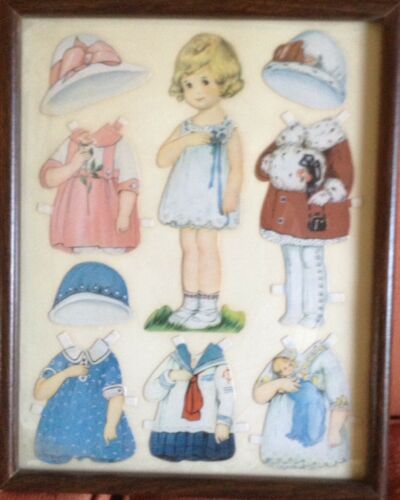 Adorable Vintage Antique Framed 20s Paper Doll w/ Several Outfits 11.5