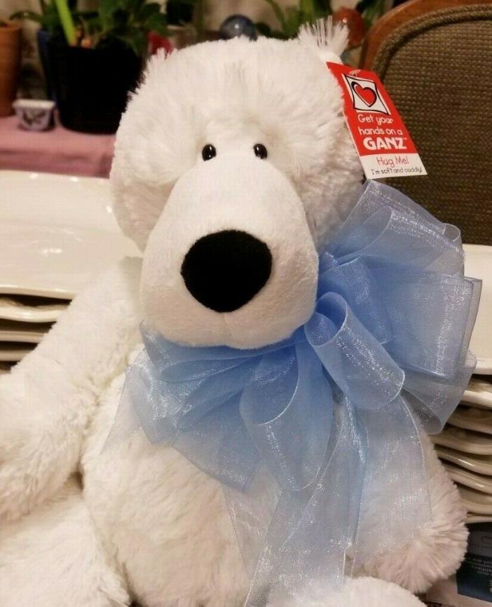 Very Rare JAMES THE BEAR by GANZ HUG ME STUFFED WHITE WITH BLUE RIBBON 17