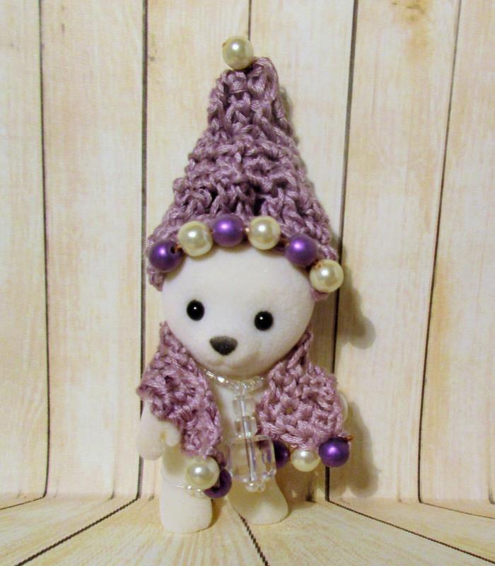 POLAR BEAR Folk Art doll handmade ooak stocking cap hat and scarf beaded winter