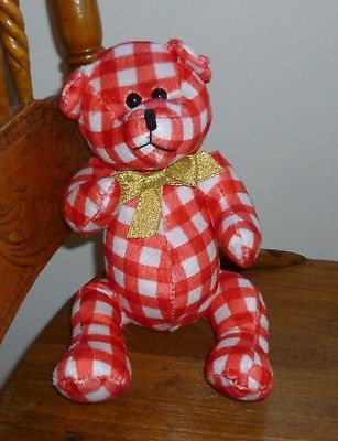 K & K Red & White Gingham TEDDY BEAR Stuffed Plush; Gold Glitter Bow; 8