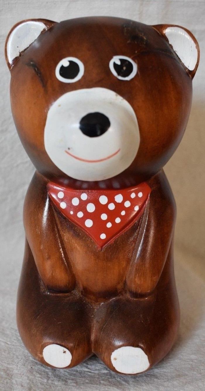 Teddy Bear Figurine Solid Wood with Painted Handkerchief and Face over 6 in tall